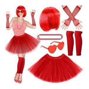 5655 80s Tutu Costume Accessoriess Set 6 Pcs Neon Tutu Bob Wig